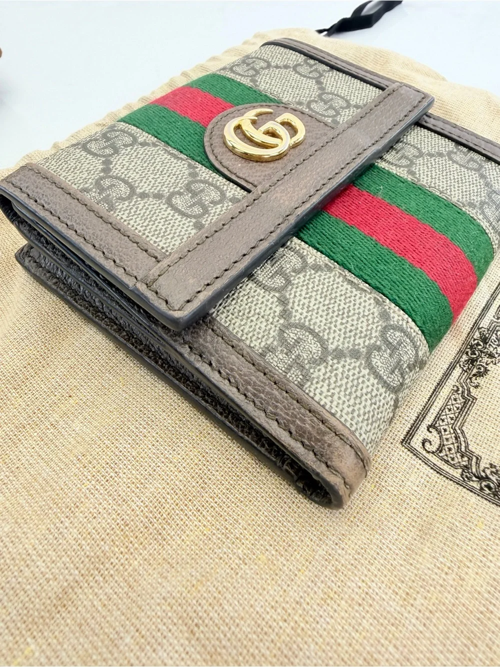 Gucci GG Canvas Small Ophidia Trifold Wallet in Gray with Green & Red Web